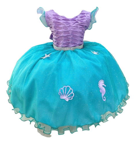 Vestido Infantil Ariel Sereia Fundo Do Mar Luxo 1 A 12 Anos