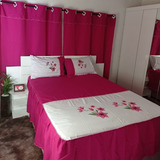 Kit Colcha Casal Pink Cama Casal Padrão Com Cortina