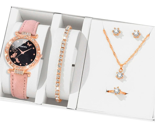 Set X5 Reloj Cadena Aros Anillo Pulsera Butterfly Rosa