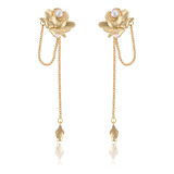 Aretes De Flor De Rosa De Oro Para Mujer Con Cadena Colgante