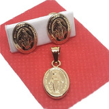 Juego Aretes Topos Y Dije Medalla Virgen Milagrosa Oro 00040