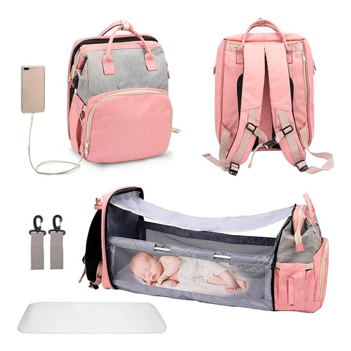 Bolso Mochila Maternal Cuna Cambiador 3 En 1 Plegable Usb 