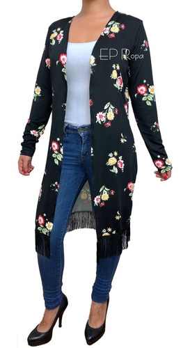 Sobretodo Kimono Largo Mujer Flecos Flores Moda Juvenil Slim