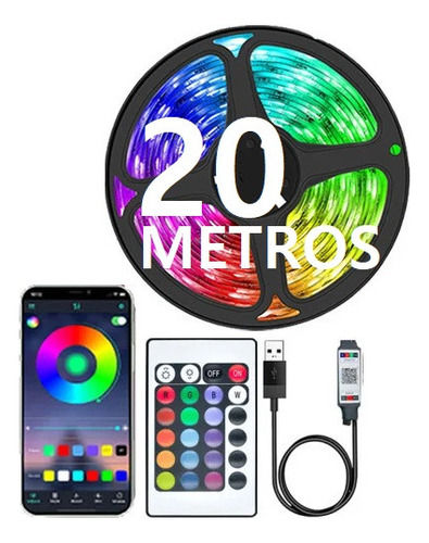 20 Metros Cinta Luz Led Rgb Ritmo Musica Bluetooth + Control