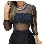 Conjunto Feminino Body Tule Pedraria Cropped Top Sutiã Renda