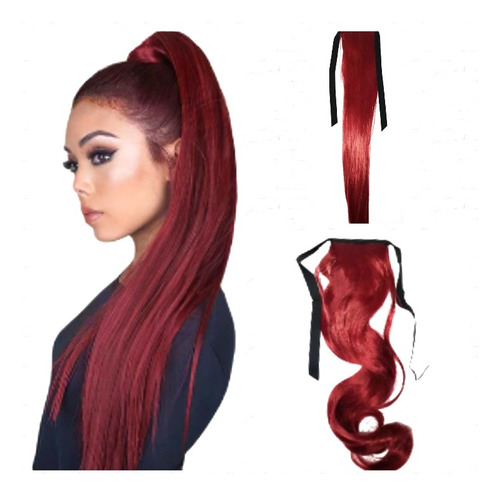 * Extensión Coleta Pelo Símil Natural Lacio/onda #rojo 60cm 