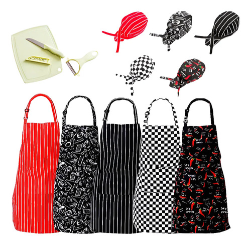 5 Delantal De Chef Impermeables Y 5 Gorros De Chef Ajustable | MercadoLibre