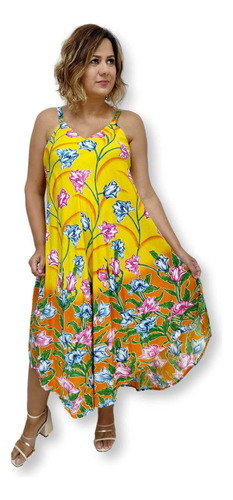 Vestido Trapézio Longuete Alça Estampa Flores Floral 8601
