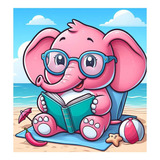 Vinilo 30x30cm Elefante Rosado Lectura En La Playa M2