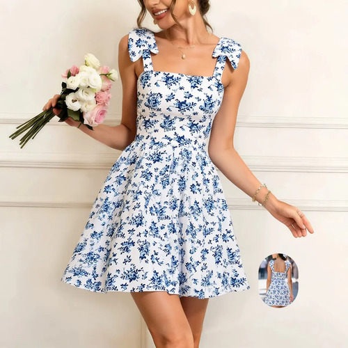 Vestido Corto Ajustado Cuadrado Floral Elegante Moño Tiras