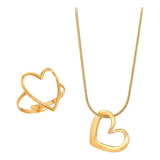 Conjunto Collar Anillo Acero Chapado Oro18k Corazón