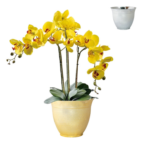 Vaso Cachepô Decorativo Grego Atena Prata E Dourado Orquídea