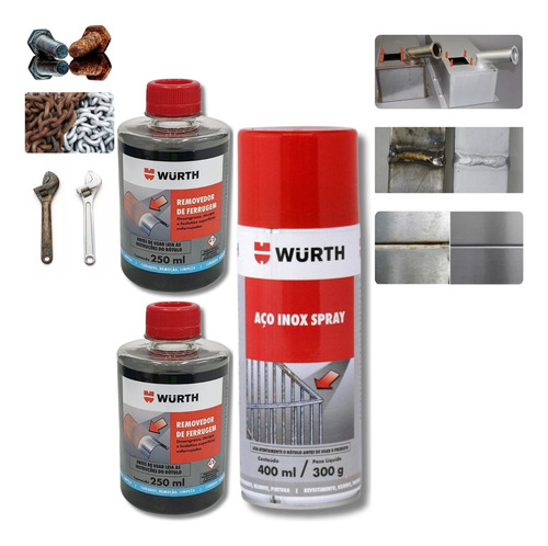 2 Removedor De Ferrugem + 1 Spray De Aço Inox Proteção Wurth