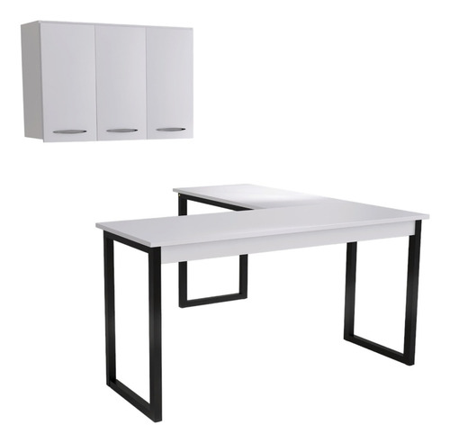 Mesa Em L De Jantar Cozinha 150cm C/ Armário Aéreo 3 Portas 