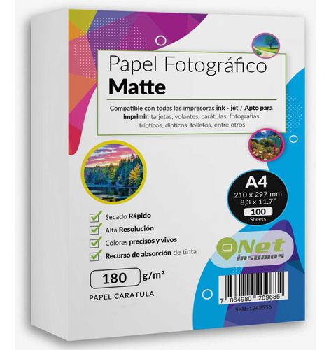 Papel Fotográfico Matte A4 180 Gr Resma 100 Hojas