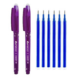 2 Boligrafos Ezco Borrable Vizion Trazo 0.7mm + 6 Repuestos Tinta Azul Exterior Violeta