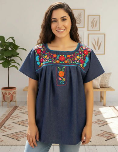 Blusa Bordada A Mano Multicolor Mod. Donají Mezclilla