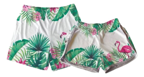 Short Casal Kit Bermudas Estampado Folhagem Flamingo Floral 