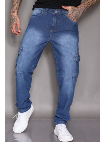 Calça Jeans Masculina Cargo Barra Reta Cores