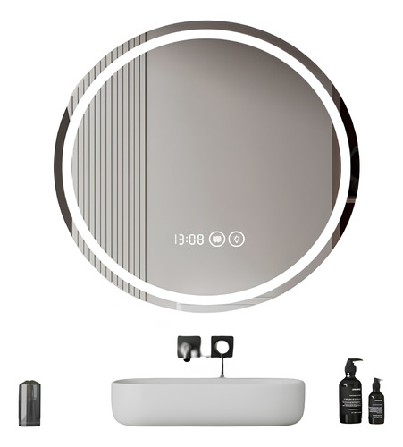 Espejo Para Baño 60x60 Cm Pared Regulable Redondo Con Luces 