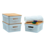 Caja Canasto Tapa Bambu Set 3 Grandes Organizador Nordico 