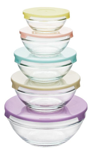 Set X 5 Bowls De Vidrio Con Tapa Apto Microondas Soft Carol 