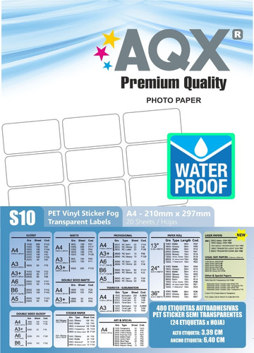 Papel Transparencia 90% Sticker 24 Etiquetas Waterproof Aqx