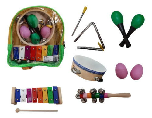 Kit Bandinha Percussão Infantil Mochila Ganzá Pandeiro