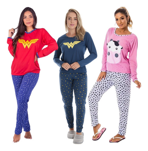 Kit 3 Pijama Longo Feminino Fechado Estampado Personagem