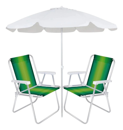 2 Cadeiras De Praia Alumínio + Guarda Sol Bagum 2 M Branco