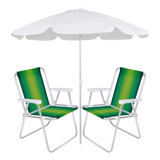 2 Cadeiras De Praia Alumínio + Guarda Sol Bagum 2 M Branco
