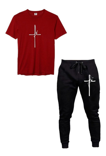 Kit Calça Moletom Skinny + Camiseta Fé Religião Barato Full