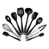 Jogo 10 Colheres De Silicone Cabo Inox Utensílios Cozinha Cor Preto