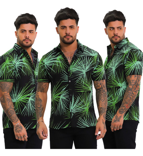 Kit 3 Camisa Tropical Havaiana Hawaii Slim Fit Manga Curta