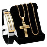 Conjunto Corrente Bracelete Cruz J-1344 Aço Inox Dourado