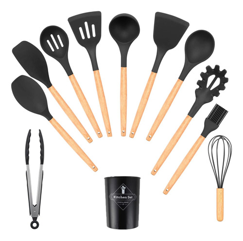 Kit 12 Utensílios Cozinha Cabo Madeira E Silicone Anti Risco