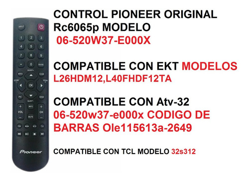 Control Pioneer  Rc6065p, 06-520w37-e000x Original Ekt Tcl