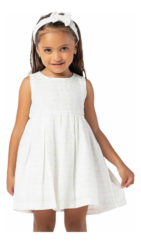 Vestido Infantil Branco Fios Dourado E Prata E Faixa Cabelo