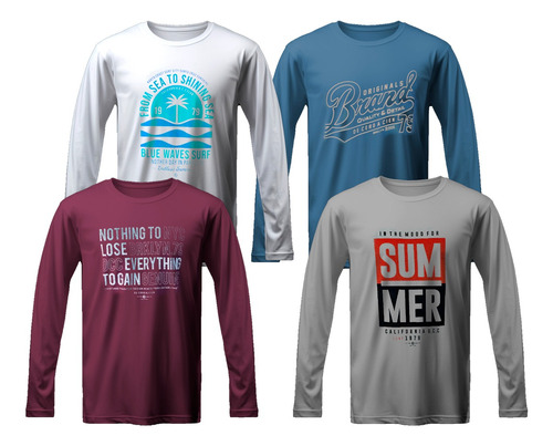 Pack X 4 Remeras Estampadas Mangas Largas Hombre 