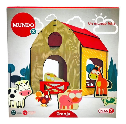 Granja Madera Con 5 Figuras Animales Didactico Infantil Ed Color Amarillo Y Rojo