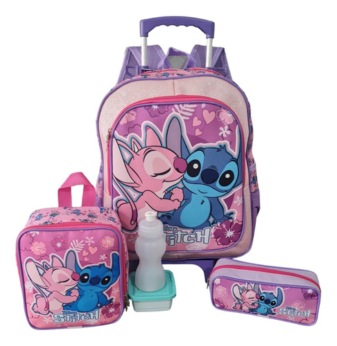 Kit Mochila Escolar Lilo & Stitch Rosa Filme Rodinhas Tam G