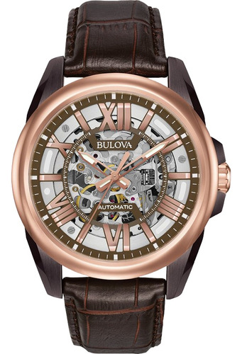 Reloj Bulova Automático Para Caballero Original 98a165 Color De La Correa Marrón Color Del Bisel Rosa Claro Color Del Fondo Skeleton