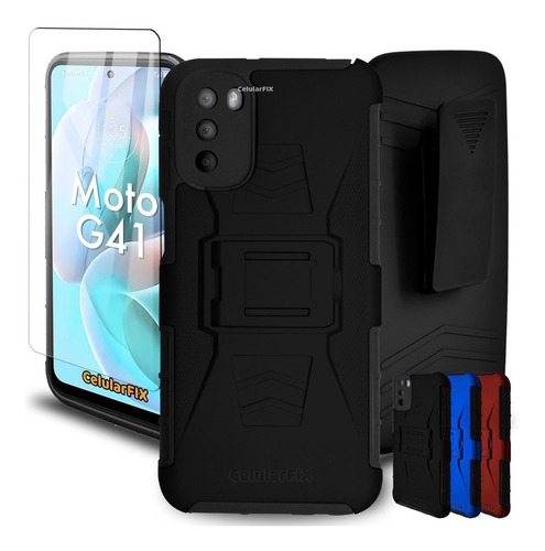 Funda Protector P/ Moto G41, Uso Rudo Clip C/ Mica Cristal