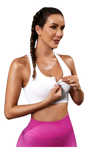 Crop Top Deportivo Con Cremallera - Copa Removible - Blanco