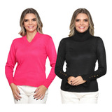 Kit 2 Blusa Feminina Tricô Gola Alta Decote V Sueter Lã Lisa