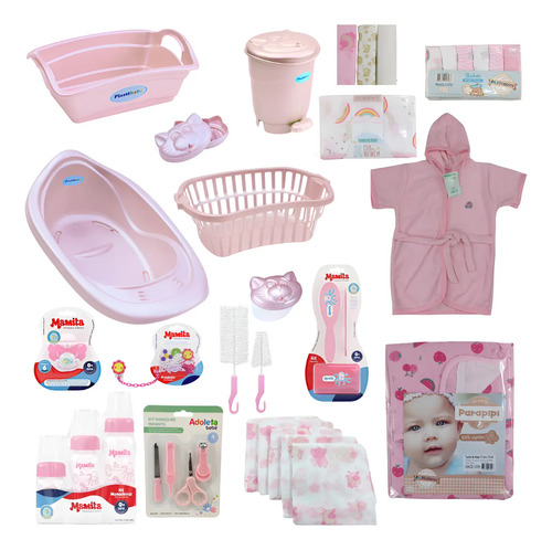 Kit Enxoval De Bebê + Banheira Toalha Mamadeiras Balde Bacia