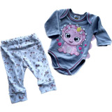 Set Bebé Niña Dinosauria Gris: Pantalón Y Mameluco  3-18 Mes