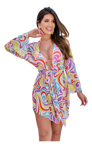 Kimono Cardigã Vestido Floral Saída Praia Chic Luxo Verão