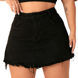 Short Saia Jeans Preto Plus Size Feminino Cintura Alta