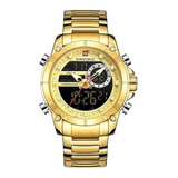 Reloj Pulsera Naviforce Nf9163 De Cuerpo Color Dorado, Analógico-digital, Para Hombre, Fondo Negro, Con Correa De Acero Inoxidable Color Dorado, Agujas Color Dorado, Blanco Y Rojo, Dial Dorado Y Blanc